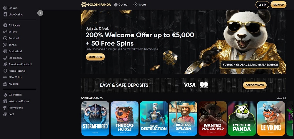 Golden Panda Casino homepage screenshot. Casino ohne Lizenz.